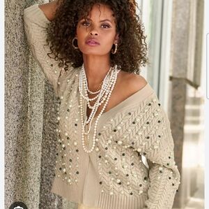 Boston Proper tan pearl embellished cardigan size medium like new condition